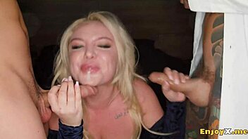 miss jackson, blonde with big tits, gets nailed by two hard cocks