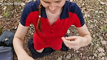 Shy Russian girl surprised me with slobbery blowjob in woods