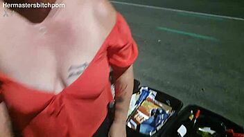 The tattooed milf slut gets pissed on publicly on the sidewalk while motorists yell.