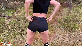 sexy redhead babe sucks deep in forest romp - wow!