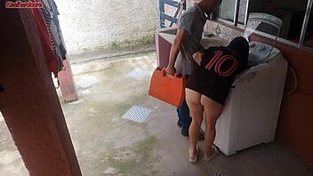 married housewife pays washer tech with ass while hubby's out, oops!!