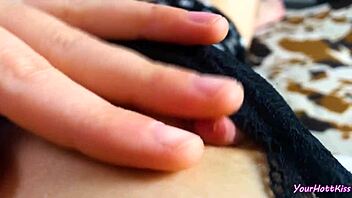 Beauty caresses herself watching porn in cute pajamas