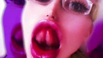 Bimbo doll transformation with huge pink lips and glasses