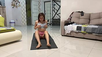 Angie elif, hot small 18+ tits brunette, loves playing pussy after yoga. In bedroom, european solo fingering natural tits