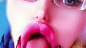 Bimbo doll transformation with huge pink lips and glasses