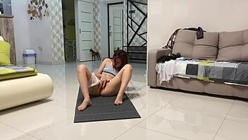 Angie elif, hot small 18+ tits brunette, loves playing pussy after yoga. In bedroom, european solo fingering natural tits