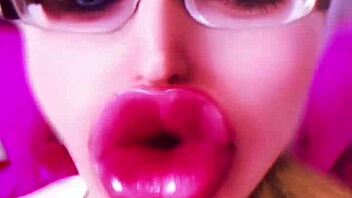 Bimbo doll transformation with huge pink lips and glasses