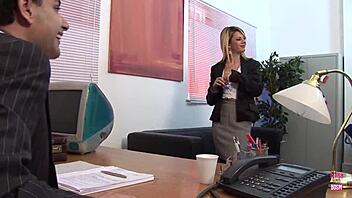 The Boss Drills His Two Blonde Secretaries On The Desk
