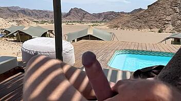 massive cumshot explodes in the desert after outdoor flashing.