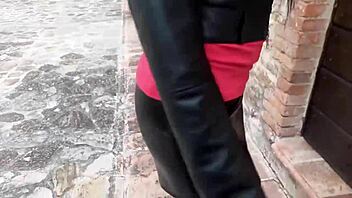 Beautiful brunette housewife in miniskirt and pantyhose tease