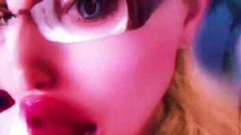 Bimbo doll transformation with huge pink lips and glasses