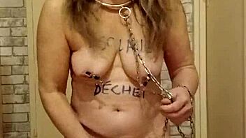 Young French beauty gets f**ked in the ass with a dildo in a slave roleplay