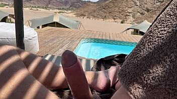 massive cumshot explodes in the desert after outdoor flashing.
