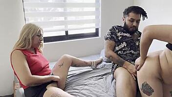 I catch my husband licking the curvy blonde seamstress's wet pussy in a threesome.