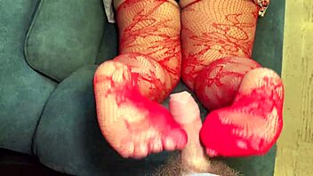 chubby wife in red stockings does close-up footjob for neighbor while husband away 😏