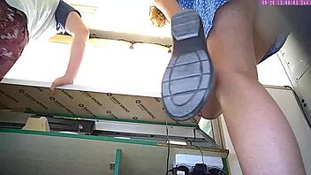 Hey, caught sexy blonde stepsister on hidden upskirt cam at work!
