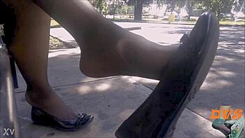 Hidden candid shoeplay featuring nylon stockings and flats