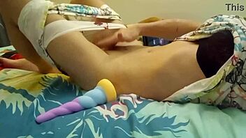 Lots of wetting myself and masturbating in bedroom with dildo