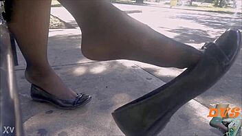 Hidden candid shoeplay featuring nylon stockings and flats