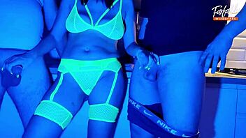 i suck two cocks in neon threesome, wife shares old cuckold scene