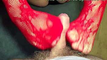 chubby wife in red stockings does close-up footjob for neighbor while husband away 😏