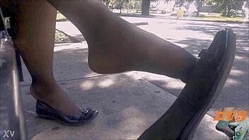 Hidden candid shoeplay featuring nylon stockings and flats