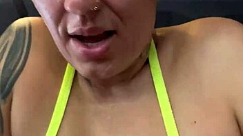 tanned babe in tiny bikini gets wet at Copacabana gym