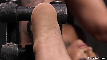 busty blonde inked beauty gets rough fucking in device bondage with big tits