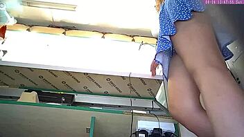 Hey, caught sexy blonde stepsister on hidden upskirt cam at work!