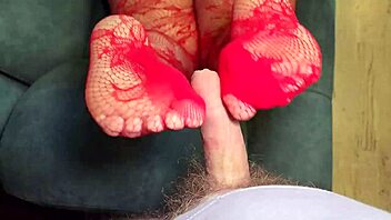 chubby wife in red stockings does close-up footjob for neighbor while husband away 😏