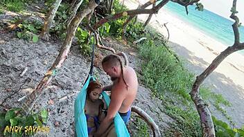 Finger play in public at the beach with a big pussy interracial couple
