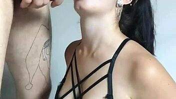 Hot Latina girlfriend deepthroats Wellington Prado's big cock until he finishes on her tits