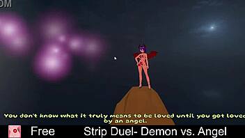 Demon and angel in erotic strip duel game