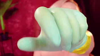 Arya Grander in nitrile and latex rubber gloves for a kinky blowjob scene