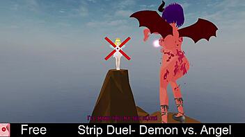 Demon and angel in erotic strip duel game