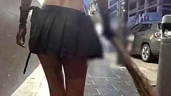 Hairy Pussy Flashing Upskirt in Public for Trick or Treat