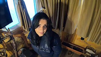 Preview of deepthroat in camel toe leggings and down jacket - brunette milf sucking in shiny leggings and puffer jacket cum
