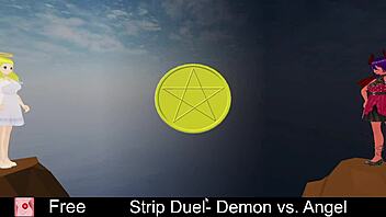 Demon and angel in erotic strip duel game