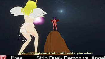 Demon and angel in erotic strip duel game