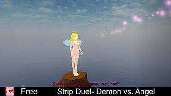 Demon and angel in erotic strip duel game