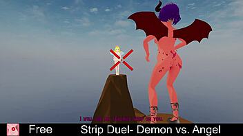 Demon and angel in erotic strip duel game