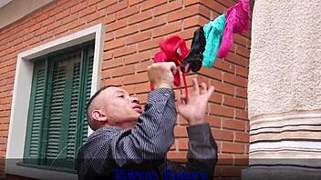 vov� offers her juicy ass to the young panties thief in red sheer lingerie