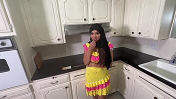 Amirah Ali, the exotic brunette maid strips for her employer and pleases herself