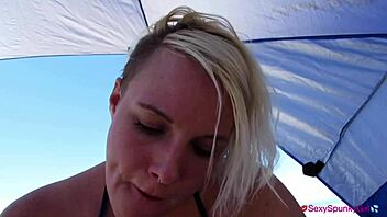 hey, check my bikini blowjob with cum on tits at the beach!