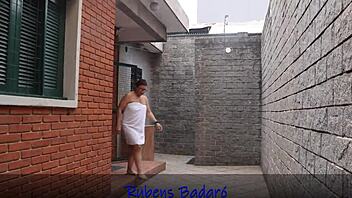 vov� offers her juicy ass to the young panties thief in red sheer lingerie