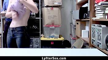 Loss prevention officer catches teen stealing, then they fuck in the office!