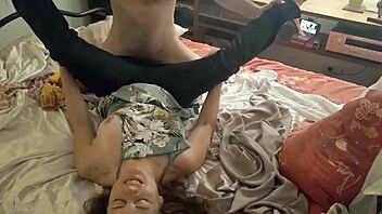 white amateur milf fucking in satin lingerie-set rose panties green satin nightie white bra high-heels dogging pussy licked asshole fingered and licked pov