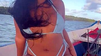 brazilian latina wife in bikini riding on boat pov