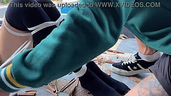 hottie in stockings gets tied by rope and tickle