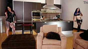 jenevieve hexx and vinyl vixon share a pov blowjob on a big tattooed cock, swapping and swallowing cum